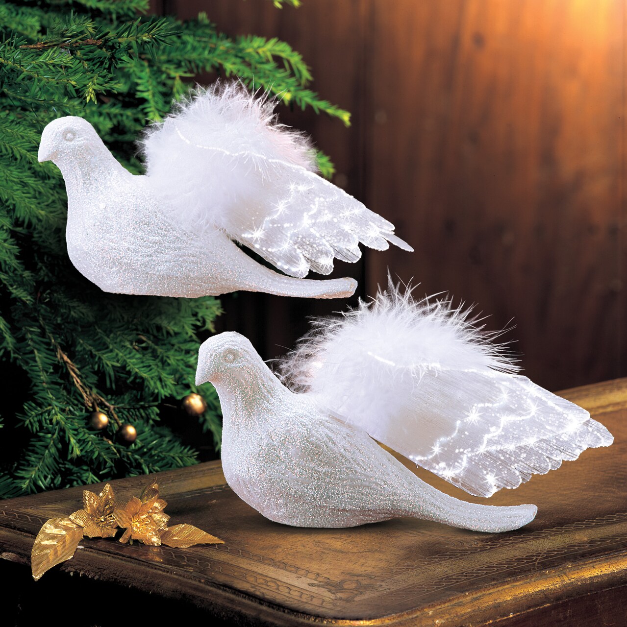 Collections Etc Holiday Fiber Optic Lighted Doves Decoration - Set of 2